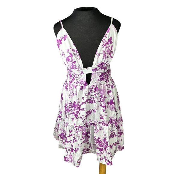 Shein White & Purple Floral Print Mini Dress With Halter Neck & Open Back Design - Picture 1 of 8
